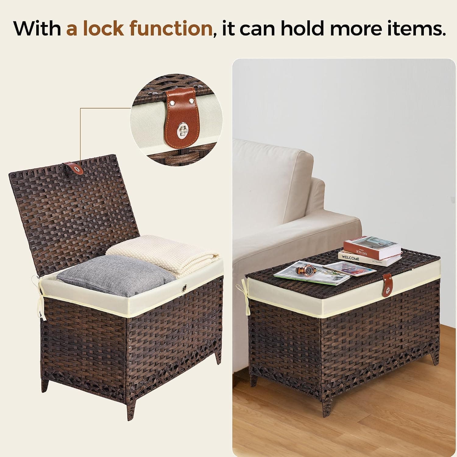 Wicker Storage Basket with Lid, 160L Shelf Basket with Removable Liner Bag — photo 2