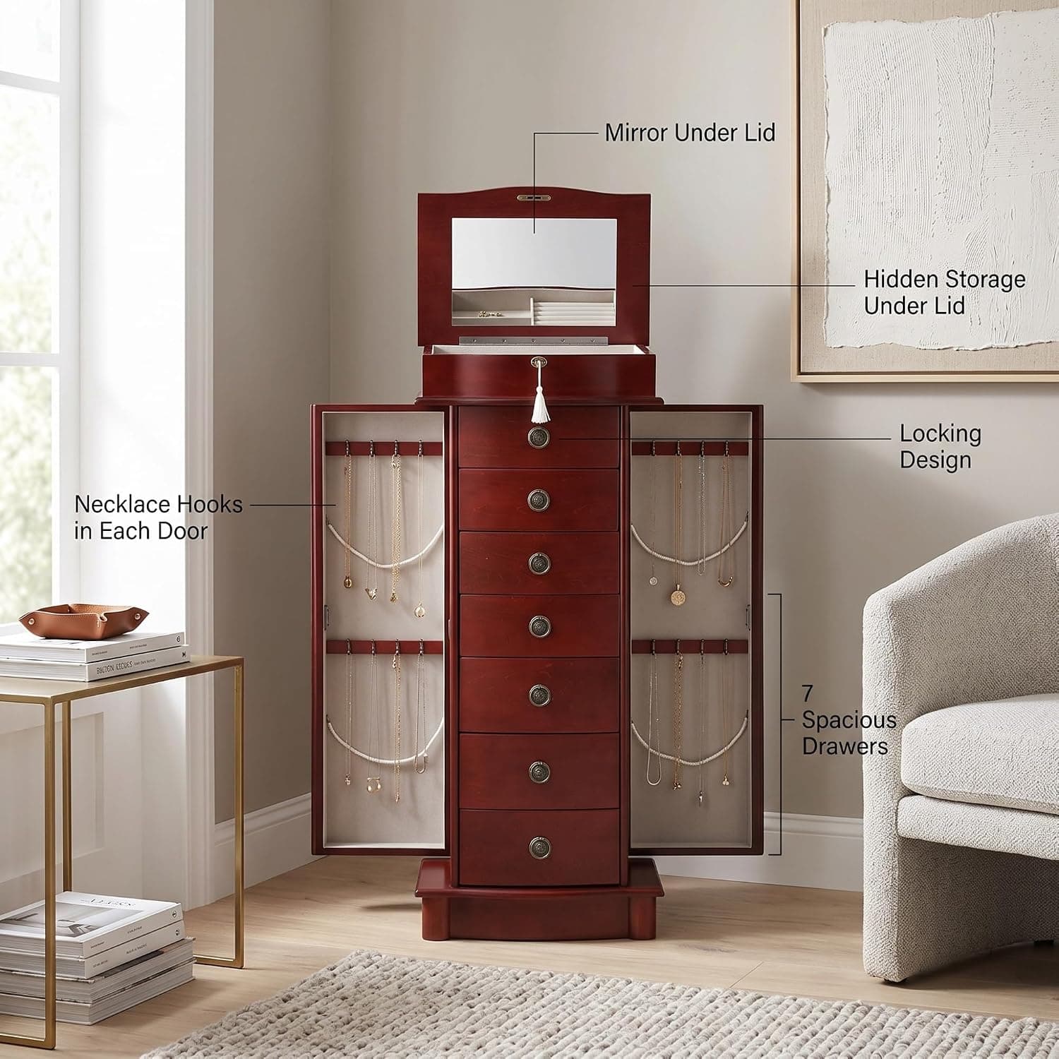 Hives and HoneyNoelle Standing Jewelry Armoire, Locking Organizer with Mirror, 7 Drawers, Side Doors, Necklace Hooks, Ring Rolls, Jewelry Box for Earrings, Bracelets, and More, Cherry — photo 5