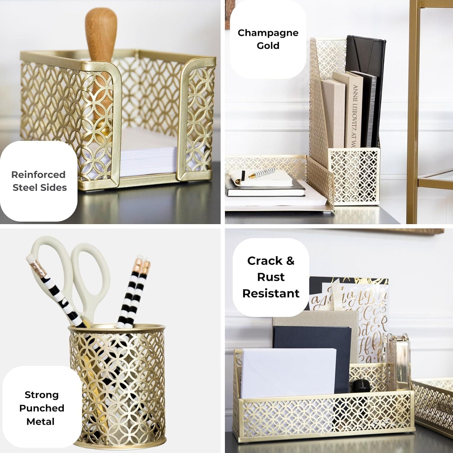 BLU MONACO | Gold Desk Organizer Set with Mail Sorter, Sticky Note Holder, Pen Cup, Magazine Holder, Letter Tray & Business Card Holder | Stylish Desk Accessories for Women & Home Office Décor — photo 5