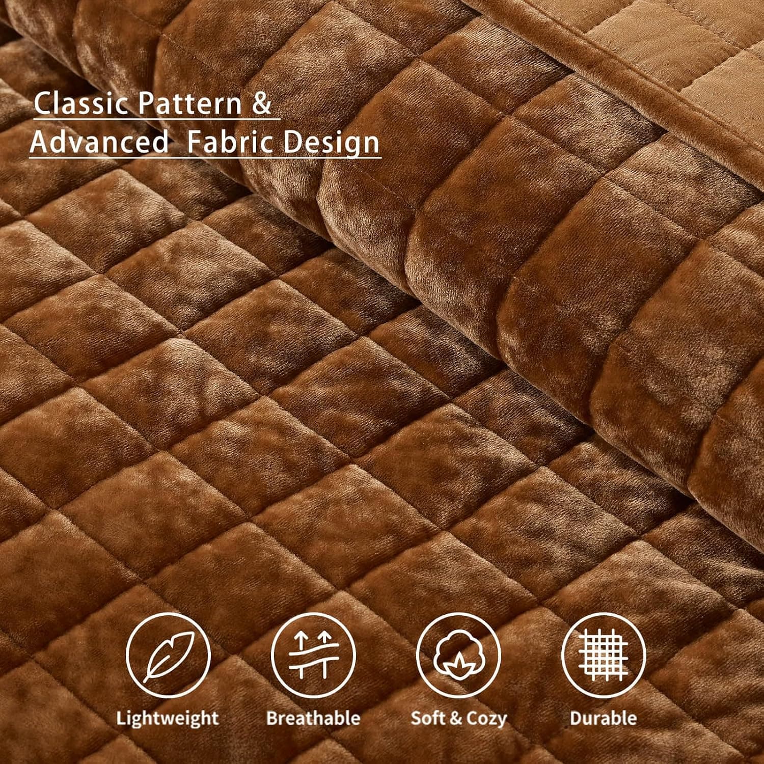 Velvet Quilt California King-118''x106'', Lightweight Caramel Velvet Comforter Set with 2 Pillow Shams, Soft Oversized Bedspread Coverlet Quilted Bedding Set for All Season — photo 5