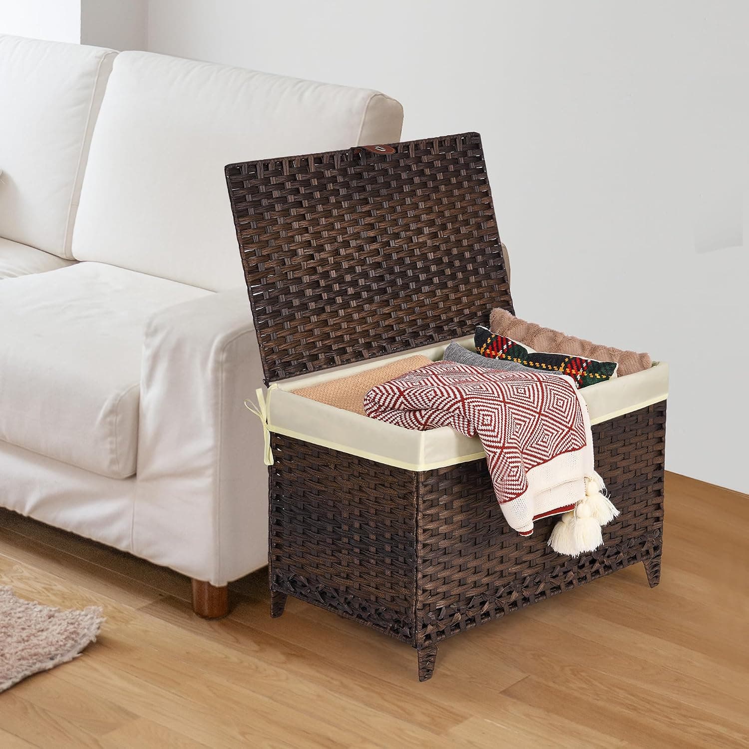Wicker Storage Basket with Lid, 160L Shelf Basket with Removable Liner Bag — photo 5
