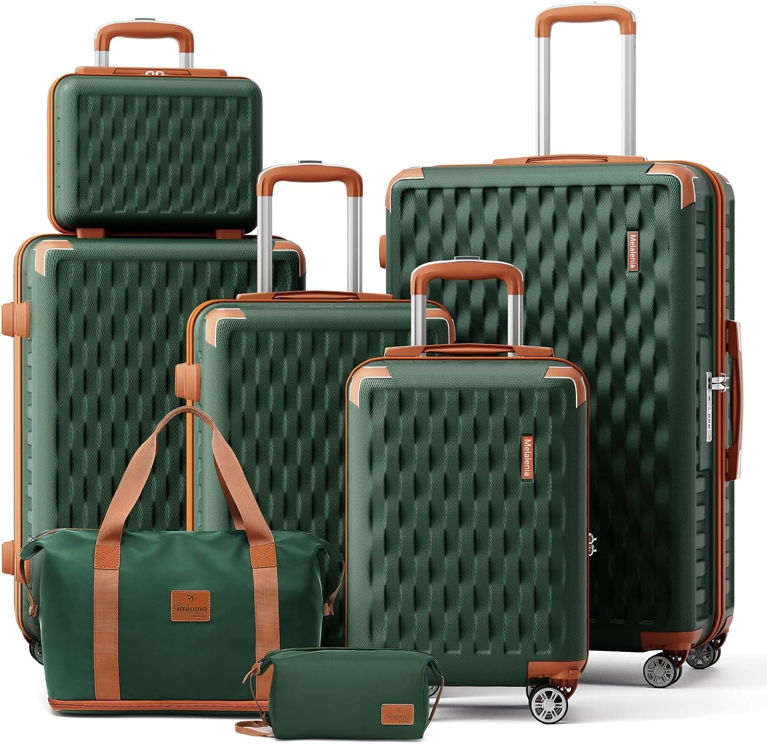 MelaleniaLuggage Sets 7 Piece Hard Shell Carry on Suitcase with Spinner Wheels and TSA Lock, Lightweight Travel Duffel Bag for Women, Men, Green Brown
