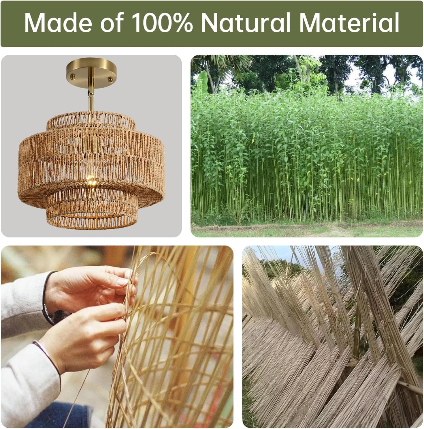 12.4" Rattan Pendant Light for Kitchen Island, Boho Chandelier — photo 2