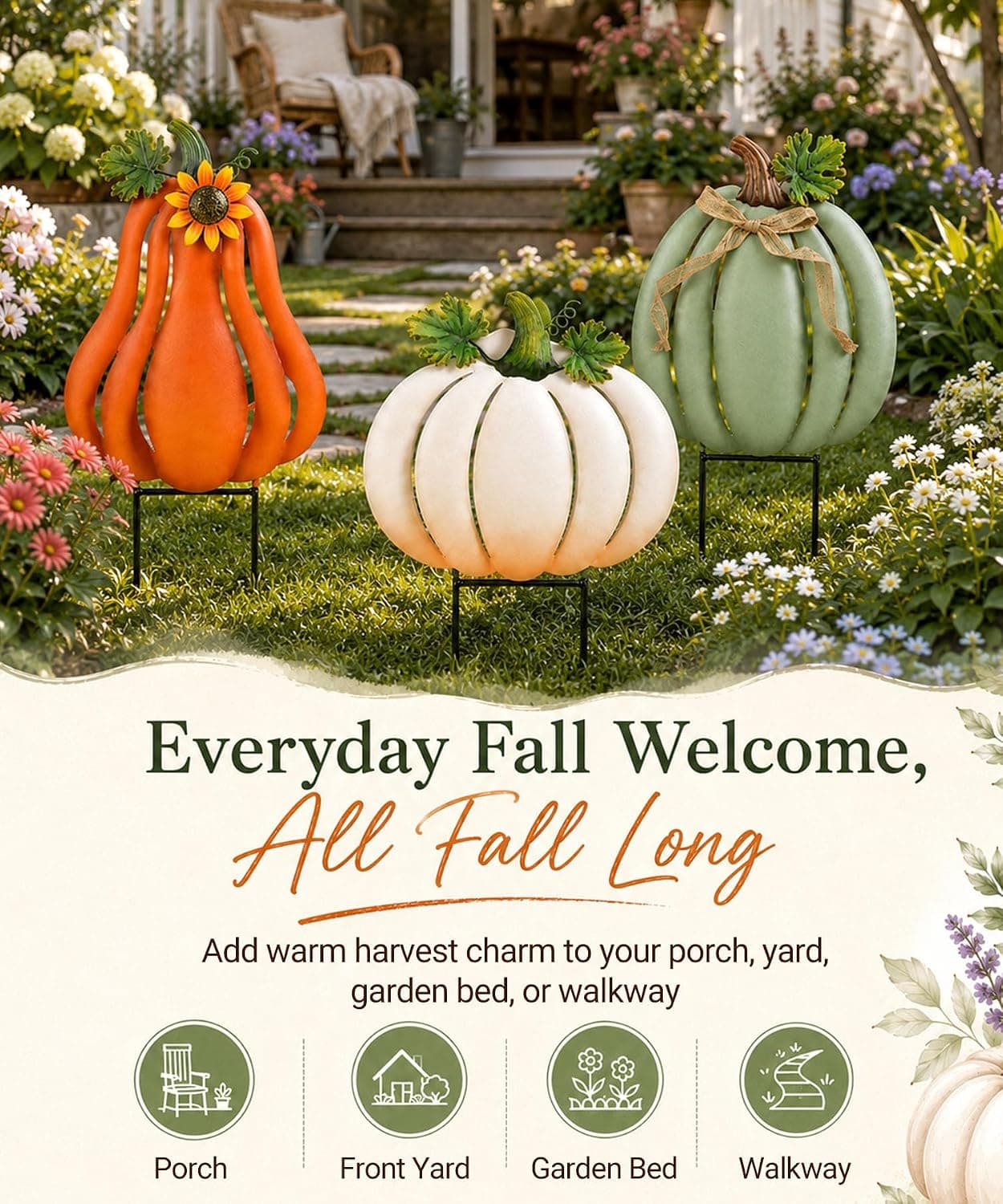 Fall Outdoor Decor Metal Pumpkin Yard Stakes - Large Outdoor Pumpkin Decor with Sunflower, Leaves & Bow, Tall Fall Yard Decor for Porch Garden Lawn Autumn Thanksgiving Decorations Set of 3 — photo 7