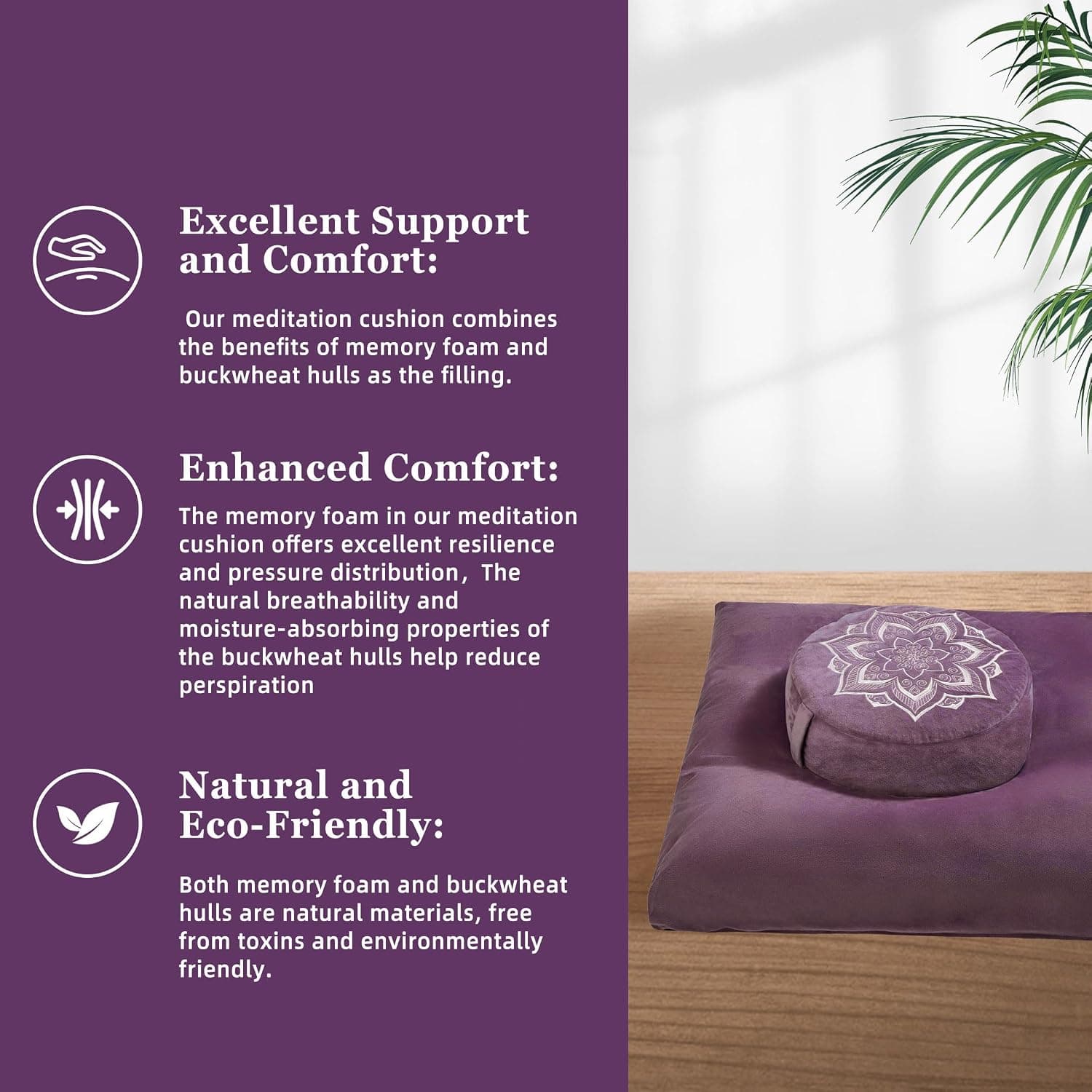 Meditation Cushion Set Zafu & Zabuton – Buckwheat Hull & Memory Foam, Adjustable Floor Pillow for Yoga, Meditation & Sitting, Removable Velvet Cover (Purple) — photo 7