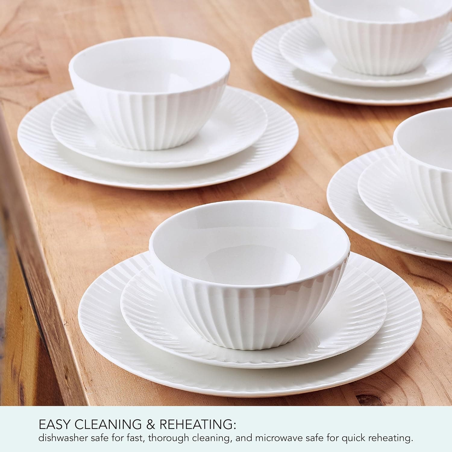 Pfaltzgraff Fluted Grace 24 Piece Porcelain Plate and Bowl Dinnerware Set, Service for 8, Fluted Design, Durable for Everyday Use, White — photo 5