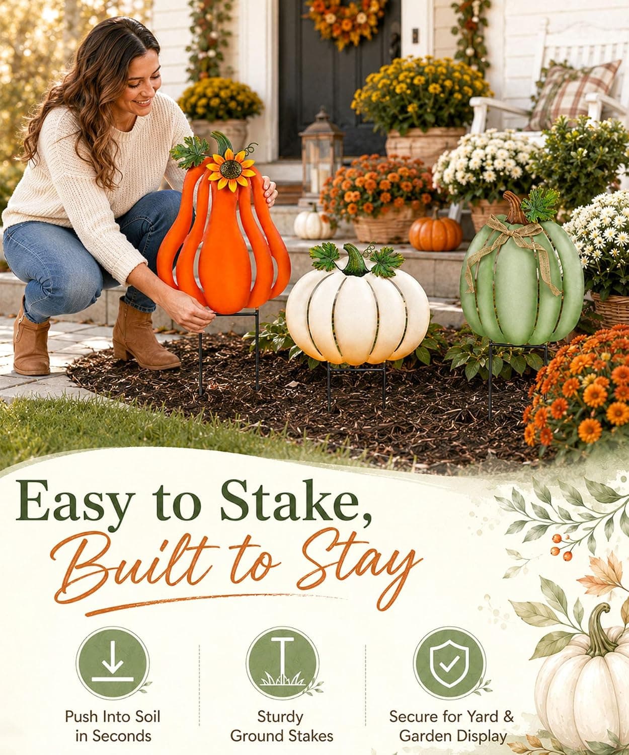 Fall Outdoor Decor Metal Pumpkin Yard Stakes - Large Outdoor Pumpkin Decor with Sunflower, Leaves & Bow, Tall Fall Yard Decor for Porch Garden Lawn Autumn Thanksgiving Decorations Set of 3 — photo 5