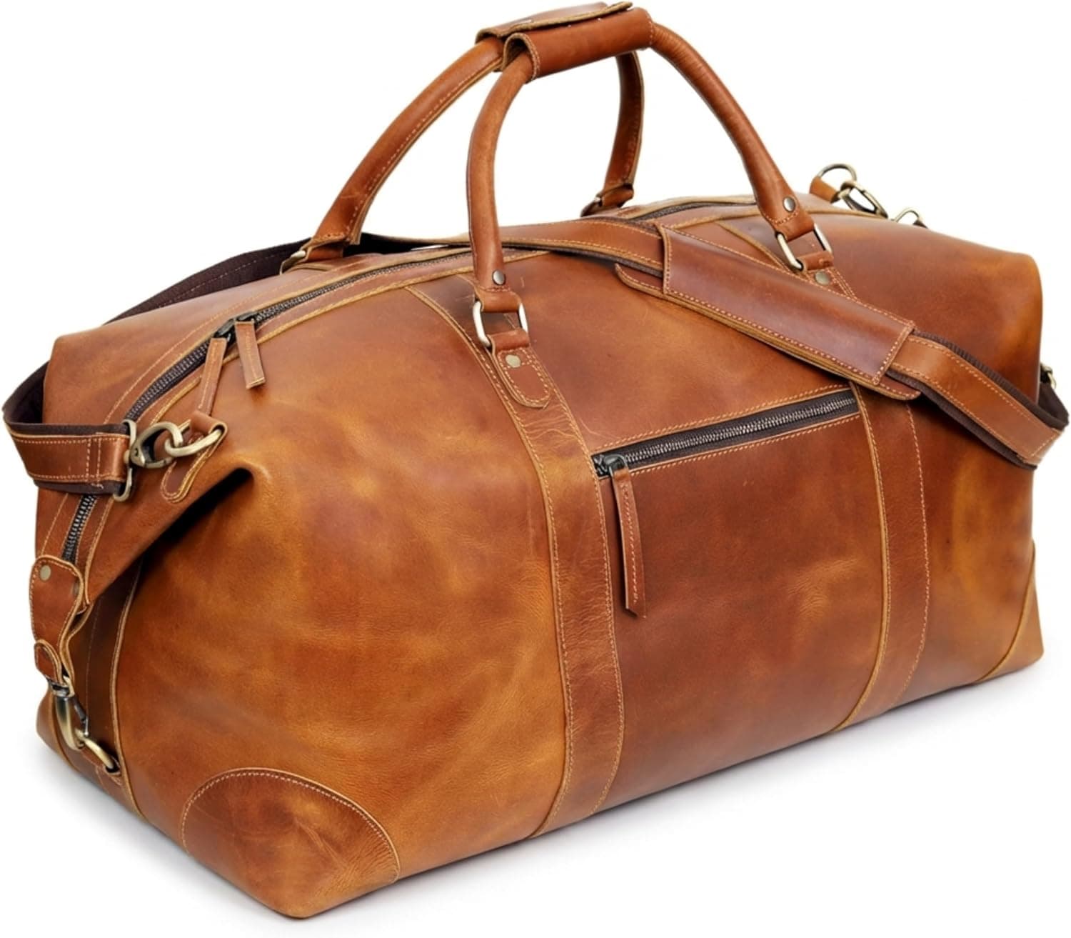 cueroFull Grain Leather Duffle Bag for Men, Buffalo Overnight Weekend Travel Bag, Carry On with Organized Pockets, YKK Zippers, Adjustable Strap (Tan)