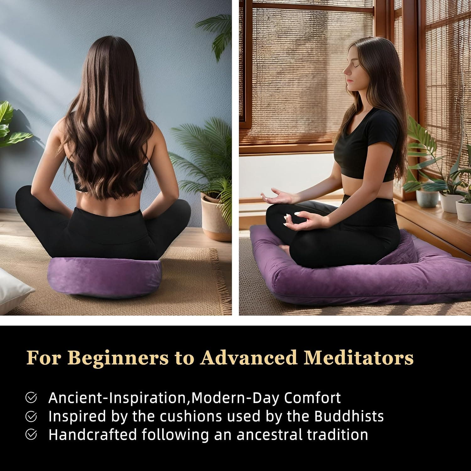 Meditation Cushion Set Zafu & Zabuton – Buckwheat Hull & Memory Foam, Adjustable Floor Pillow for Yoga, Meditation & Sitting, Removable Velvet Cover (Purple) — photo 6
