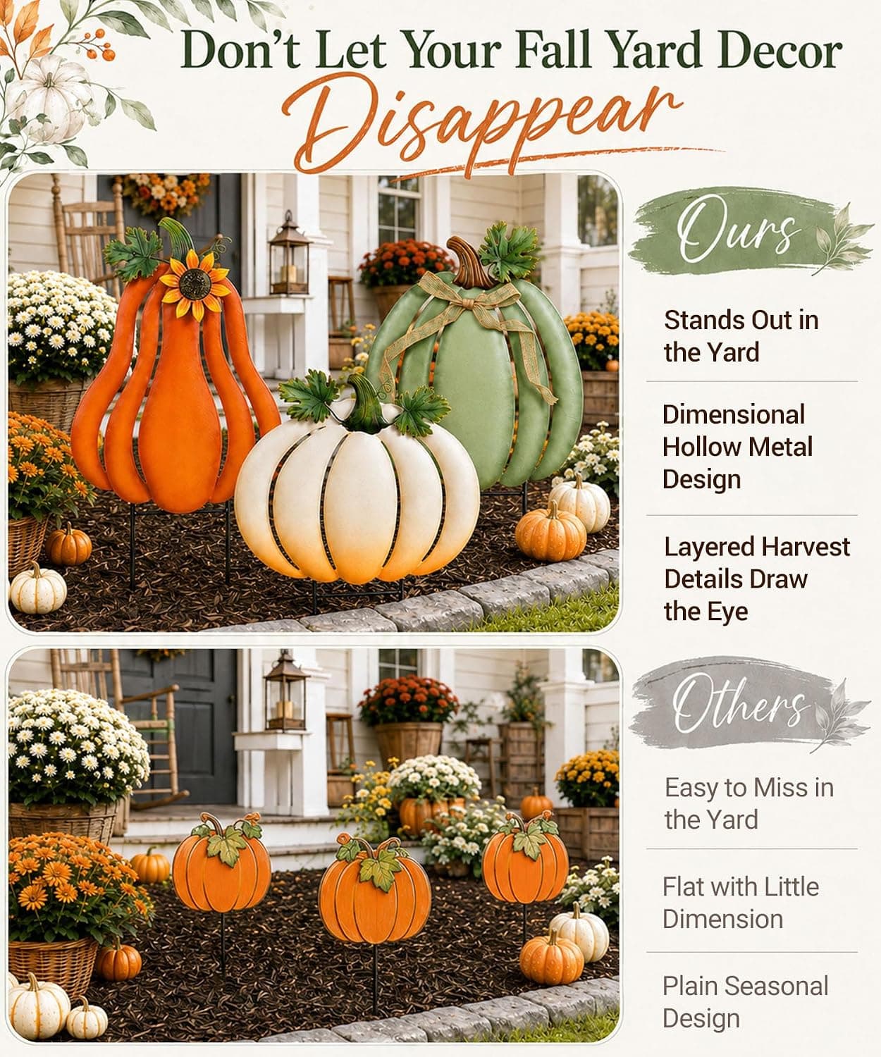 Fall Outdoor Decor Metal Pumpkin Yard Stakes - Large Outdoor Pumpkin Decor with Sunflower, Leaves & Bow, Tall Fall Yard Decor for Porch Garden Lawn Autumn Thanksgiving Decorations Set of 3 — photo 2
