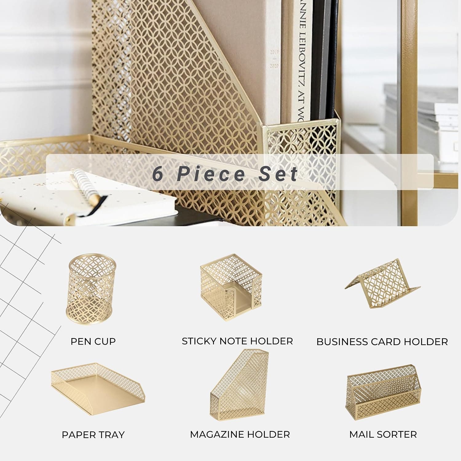 BLU MONACO | Gold Desk Organizer Set with Mail Sorter, Sticky Note Holder, Pen Cup, Magazine Holder, Letter Tray & Business Card Holder | Stylish Desk Accessories for Women & Home Office Décor — photo 2