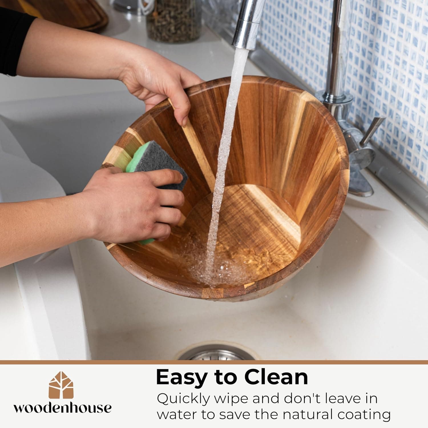 Wooden Salad Bowl Set of 3, Wavy 12" 10" 8" Wood Serving & Mixing Bowls — photo 6