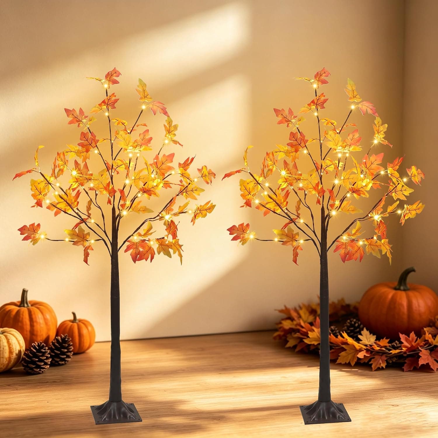 DR.DUDU 2 Pack Fall Decor for Office & Porch, 4 FT Lighted Fall Maple Tree