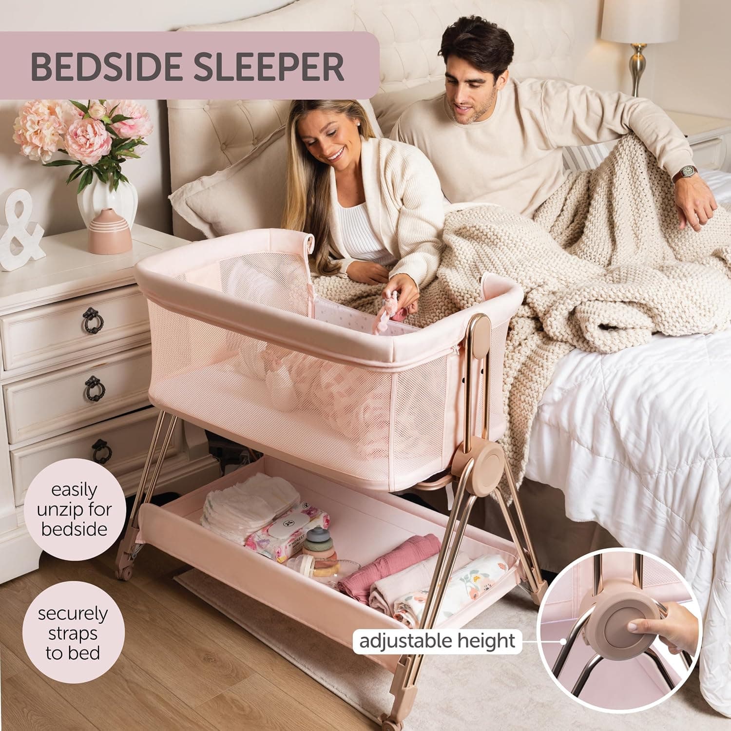 KOOLABABY Baby Bedside Sleeper - Bassinet & Bedside Crib with Height Adjustment & Wheels - Can Be Placed Next to Bed - Attaches to Parents Bed - Easy to Fold & Carry Bassinet for Girls (Pink) — photo 4