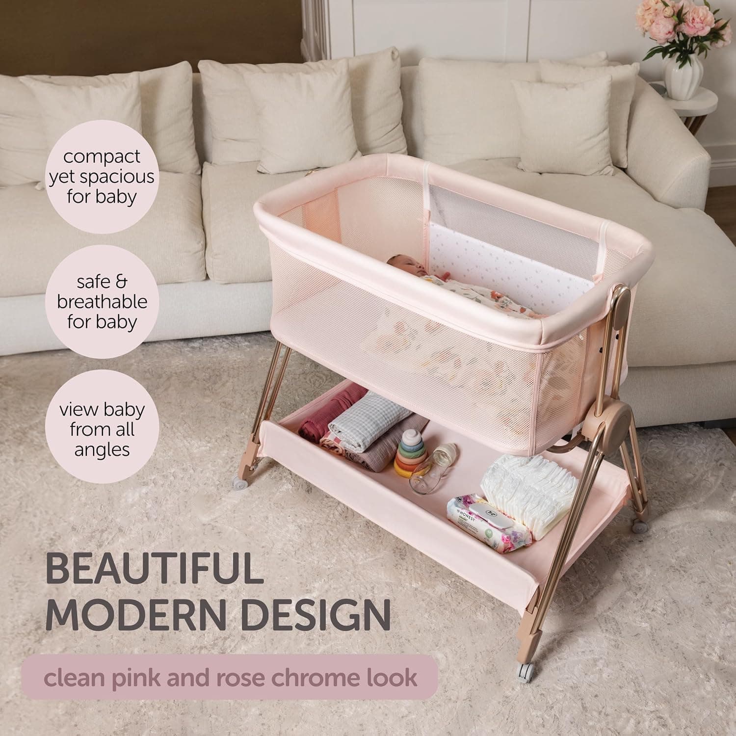 KOOLABABY Baby Bedside Sleeper - Bassinet & Bedside Crib with Height Adjustment & Wheels - Can Be Placed Next to Bed - Attaches to Parents Bed - Easy to Fold & Carry Bassinet for Girls (Pink) — photo 3