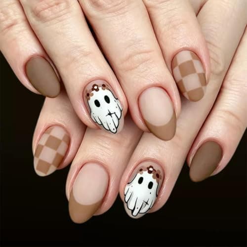 Halloween Almond Press on Nails Cute Ghost Checkerboard Brown Fake Nails