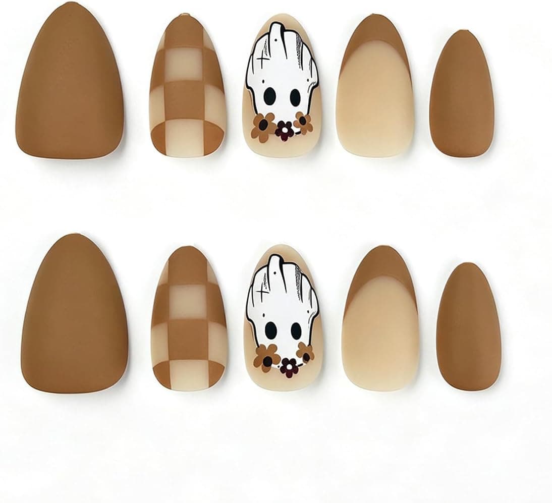 Halloween Almond Press on Nails Cute Ghost Checkerboard Brown Fake Nails — photo 4