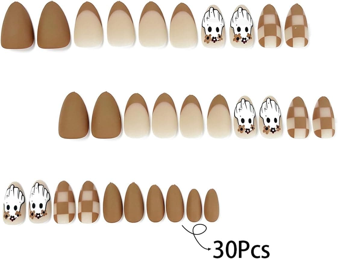 Halloween Almond Press on Nails Cute Ghost Checkerboard Brown Fake Nails — photo 2
