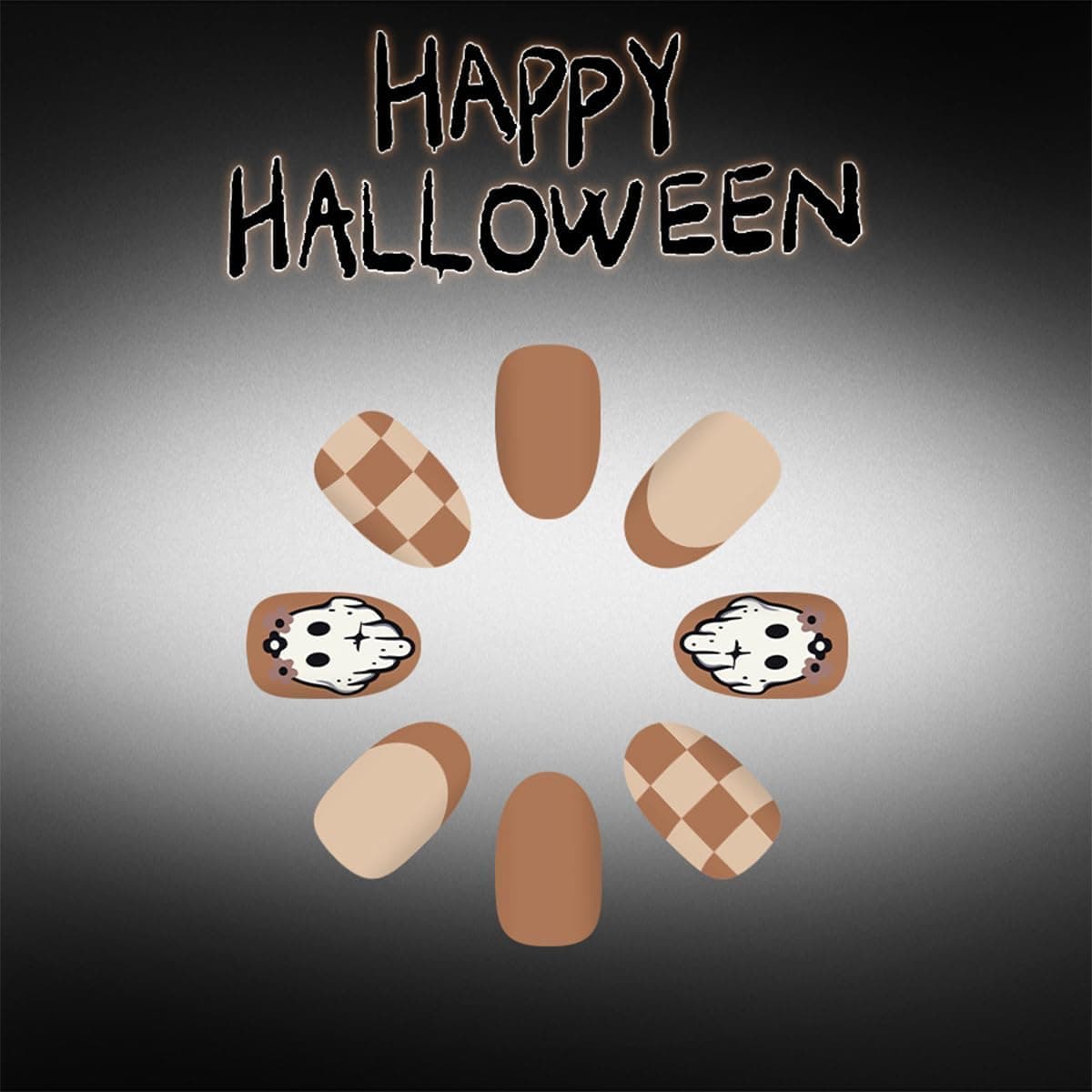 Halloween Almond Press on Nails Cute Ghost Checkerboard Brown Fake Nails — photo 5