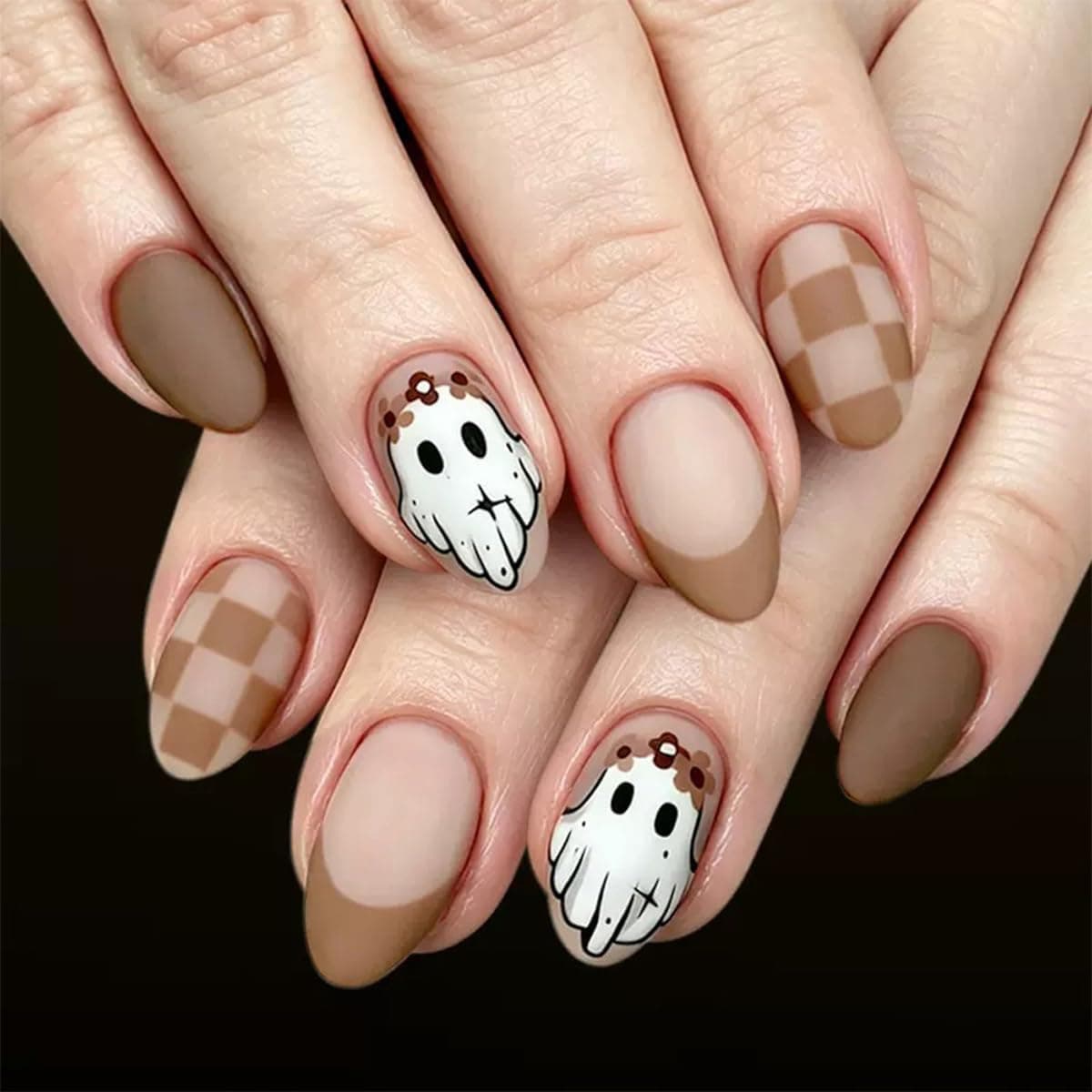 Halloween Almond Press on Nails Cute Ghost Checkerboard Brown Fake Nails — photo 1