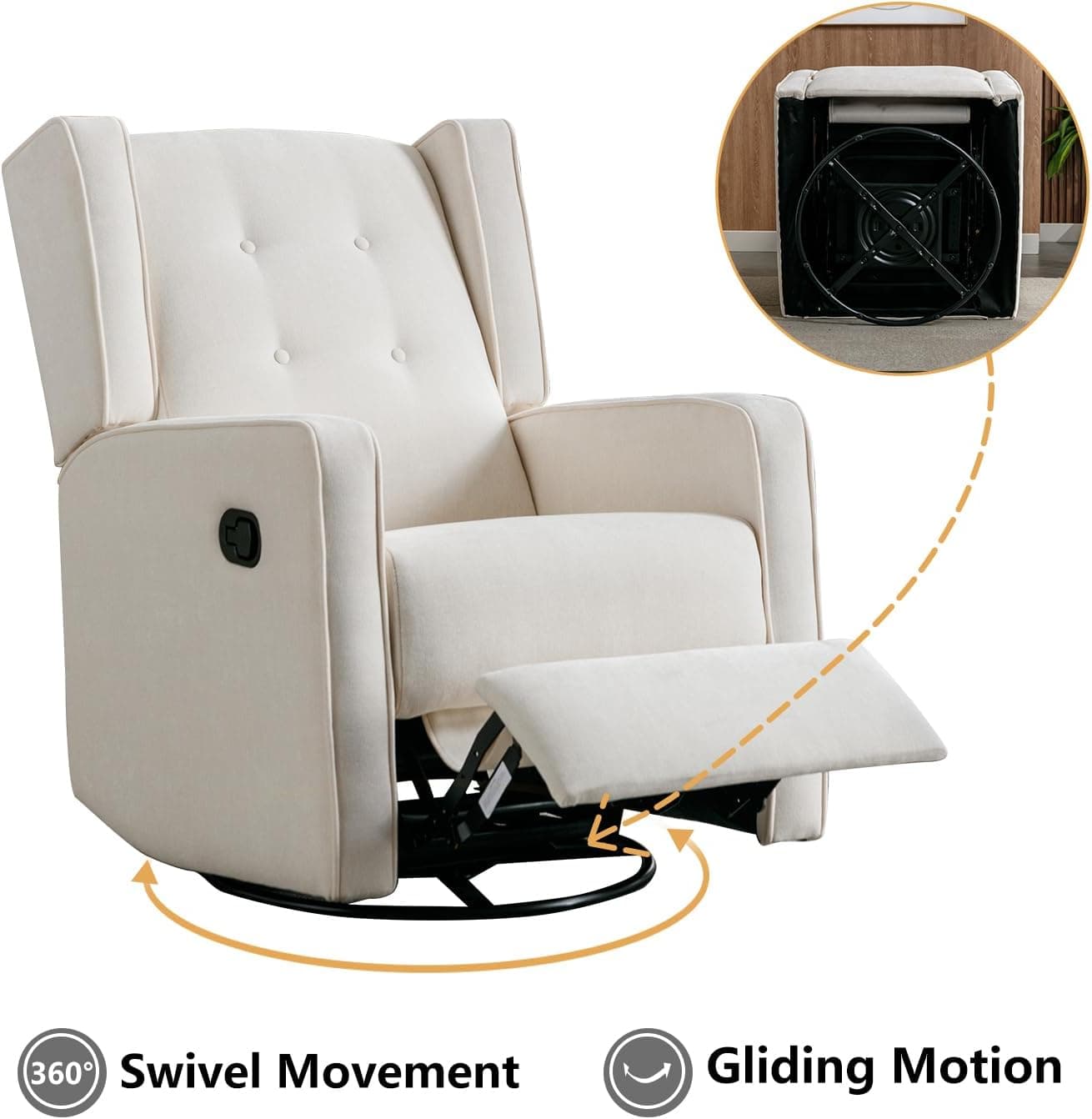 CANMOV Swivel Rocker Recliner Chair, Nursery Glider Chair, Nursery Rocking Chairs, Manual Reclining Chair, White — photo 3