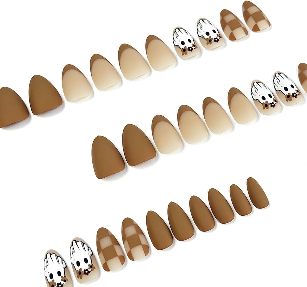 Halloween Almond Press on Nails Cute Ghost Checkerboard Brown Fake Nails — photo 3