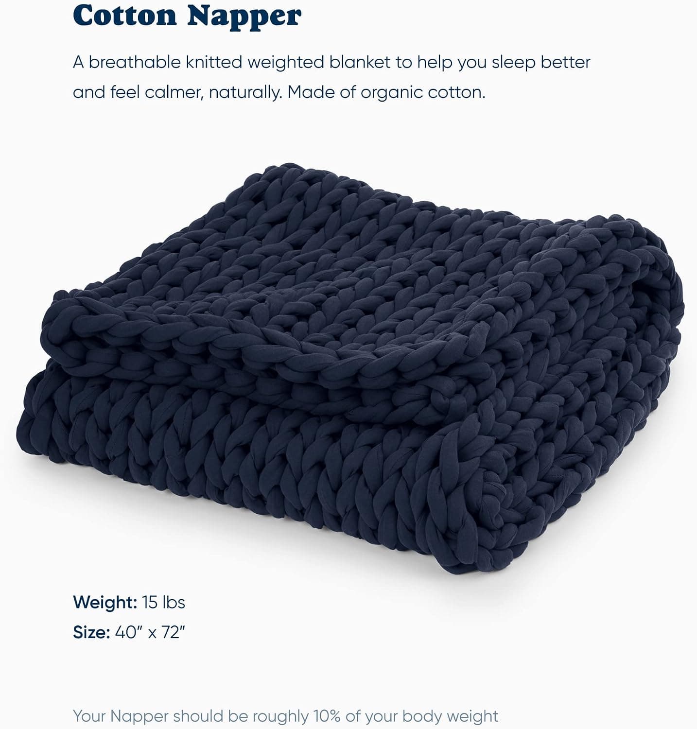 Bearaby Cotton Hand-Knit Weighted Blankets for Adults - Chunky Knit Blanket - Sustainable, Breathable, Organic, Cooling Weighted Blanket - Machine Washable (Midnight Blue, 15 lbs, 40"x72") — photo 2