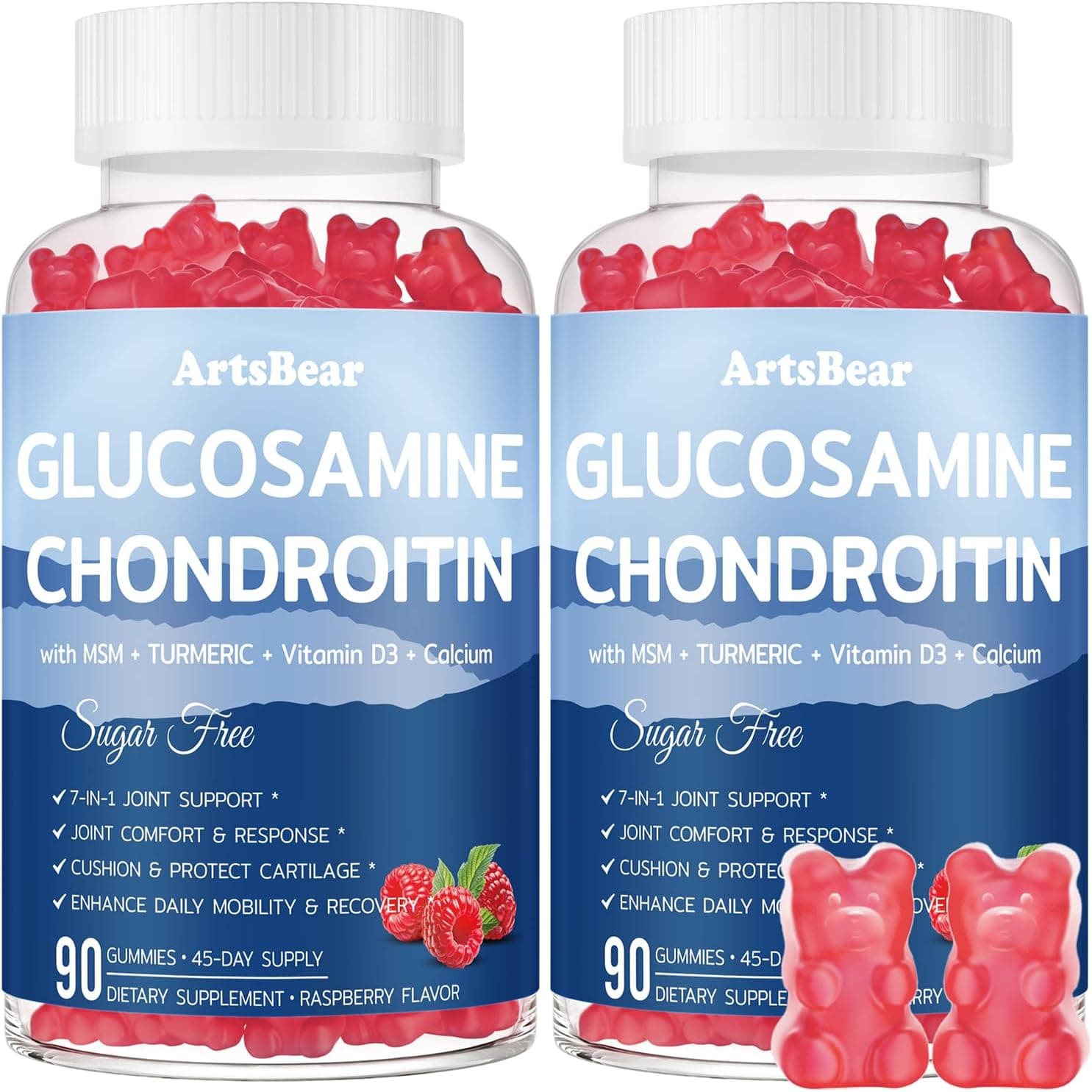 Glucosamine Chondroitin Gummies with MSM, Turmeric, Hyaluronic Acid & Vitamin D3-7-in-1 Joint Support Supplement for Comfort & Mobility - Sugar Free, Vegan, Raspberry Flavor - 2 Pack,180 Ct