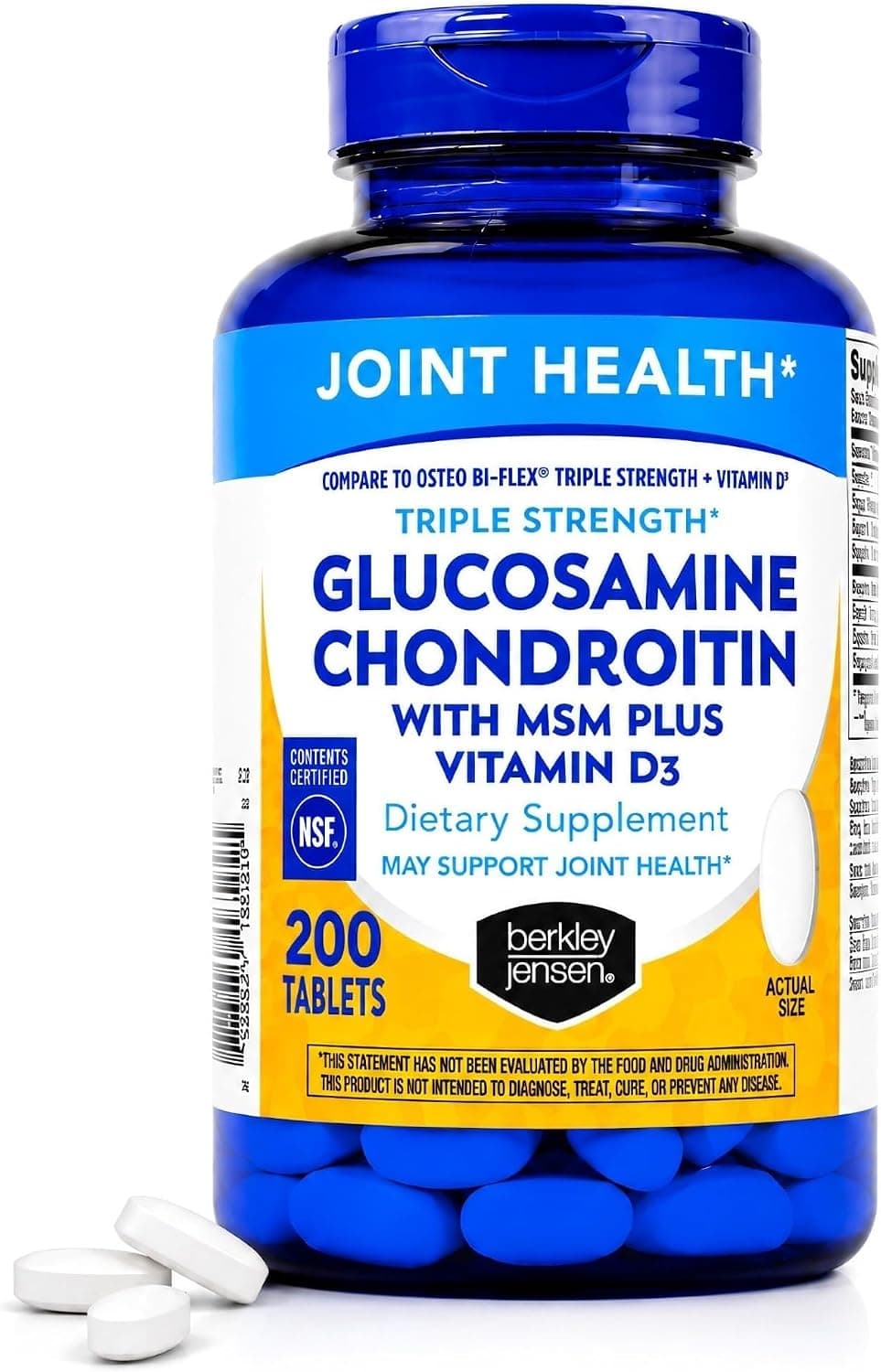 berkley jensen Glucosamine Chondroitin Triple Strength Complex with MSM and D3 Joint Supplement Tablets for Joint Support and Cartilages, NSF Certified, 200 Count (Pack of 1)