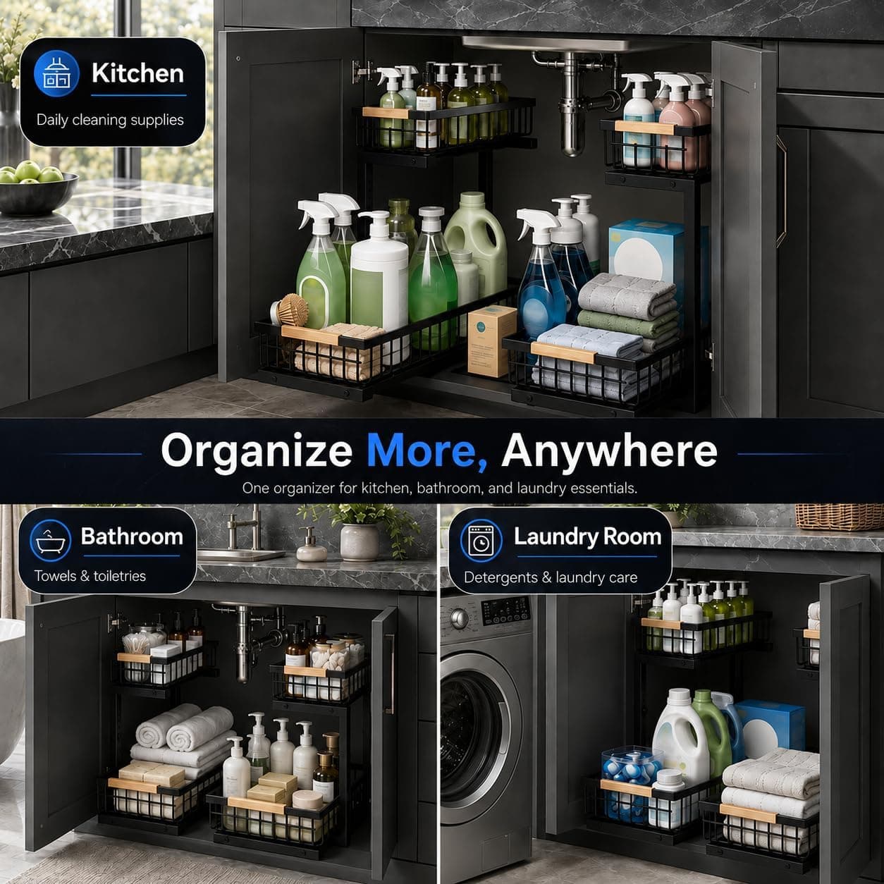 Under Sink Organizer 2 Pack, Double Slide Out Metal Shelf, Black — photo 4
