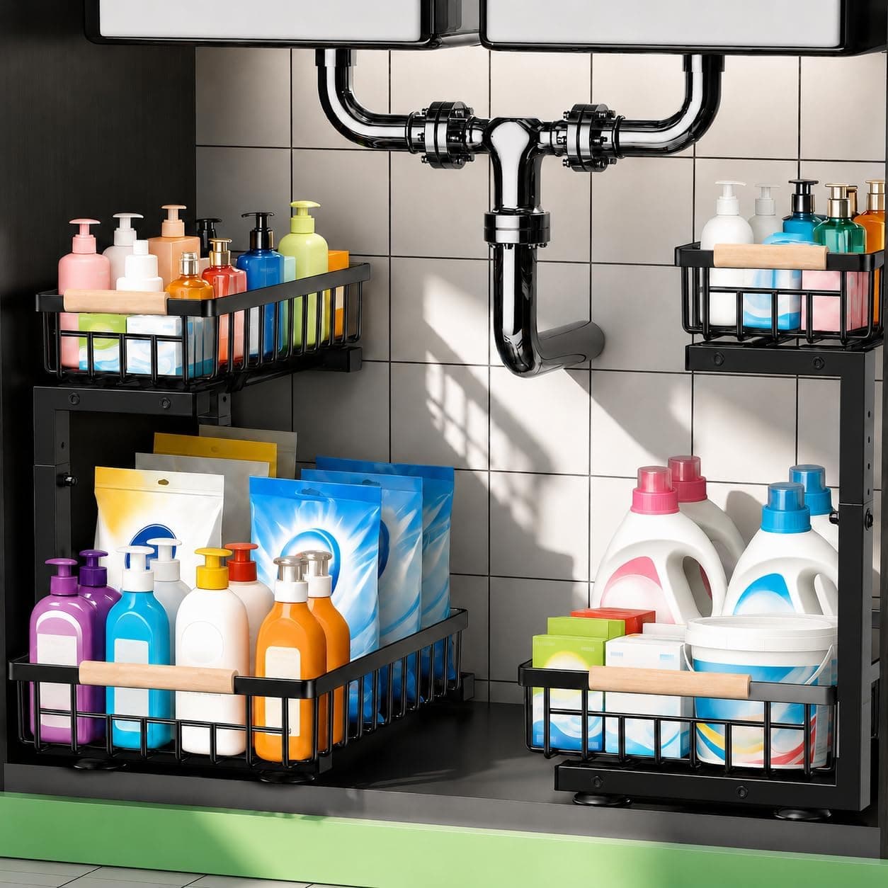 Under Sink Organizer 2 Pack, Double Slide Out Metal Shelf, Black