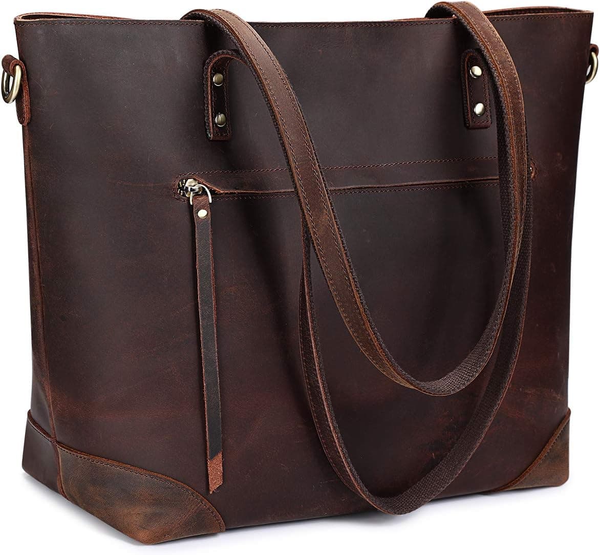 S-ZONEVintage Genuine Leather Shoulder Bag Work Totes for Women Large