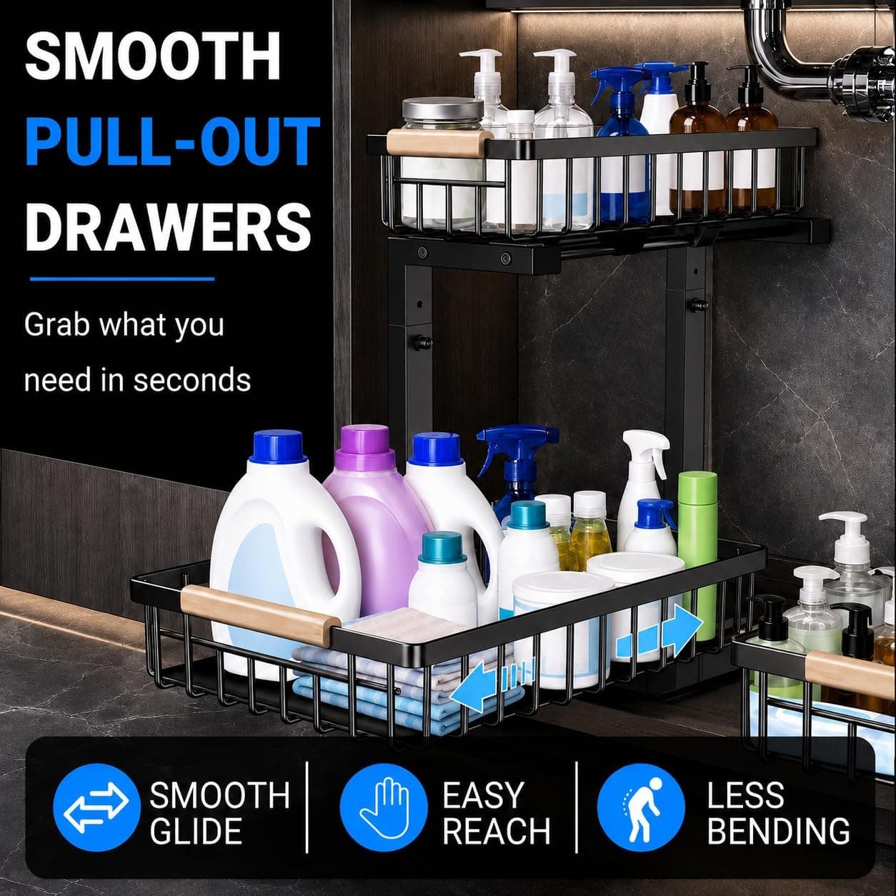 Under Sink Organizer 2 Pack, Double Slide Out Metal Shelf, Black — photo 6