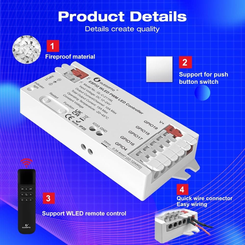 GLEDOPTO ESP32 PWM WLED LED Controller 5 Modes in 1 DC 12-24V WiFi Wireless App Control Easy Wiring DIY Static Dynamic Mode Lighting For Analog RGBCCT RGBW RGB WWCW CCT Dimmer Single Color Strip Light — photo 2