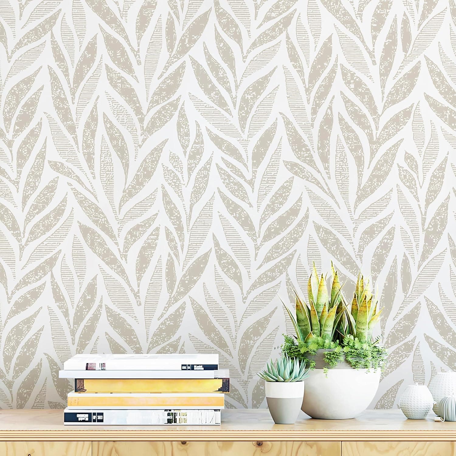 Safiyya 787"x17.3" Boho Peel and Stick Wallpaper Beige and White Wallpaper Leaf Self Adhesive Removable Wall Paper for Bathroom Bedroom Contact Paper for Walls Vinyl Roll