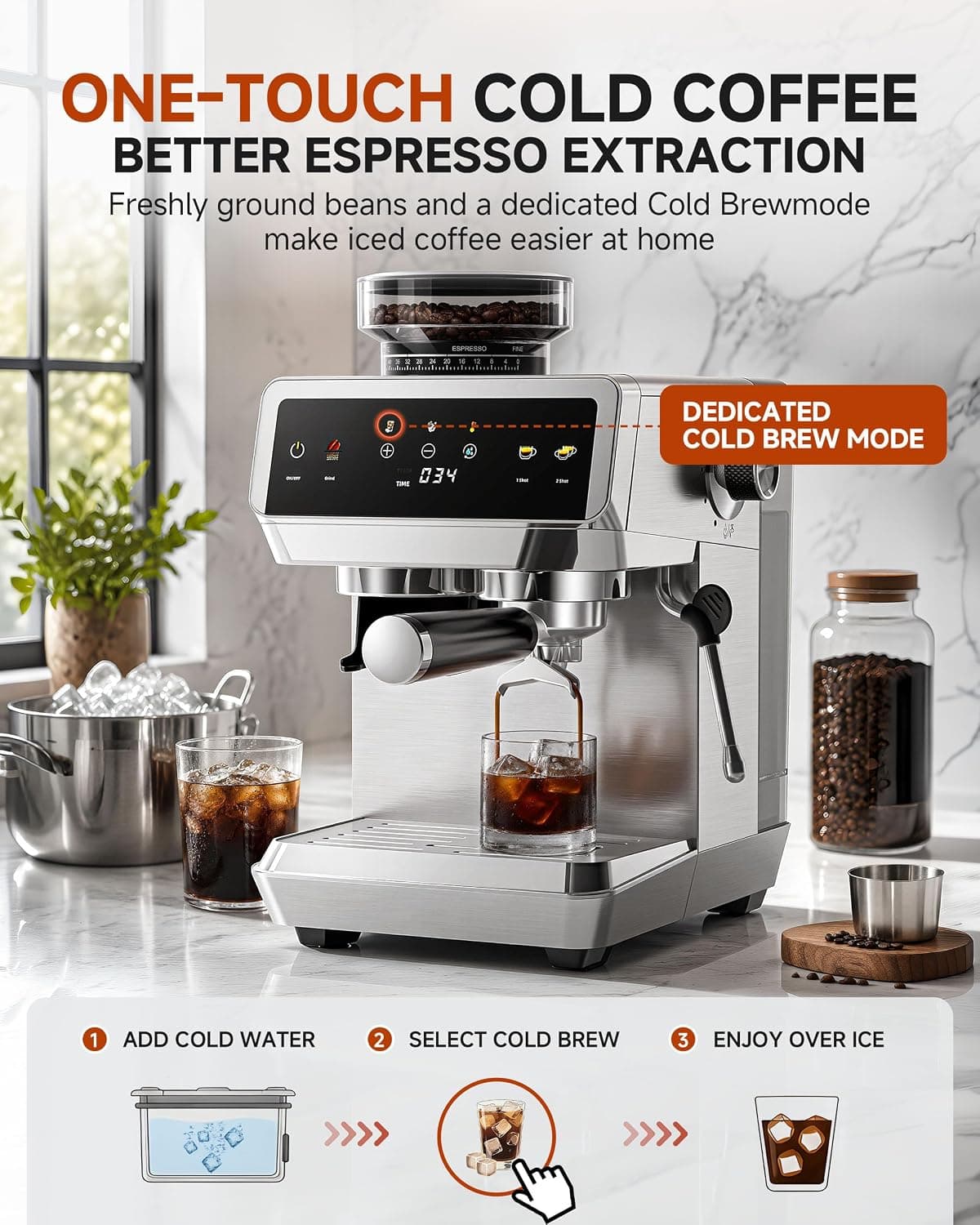 AMZCHEF Espresso Machine With Grinder, Temp Control, 44 Grind Settings — photo 5