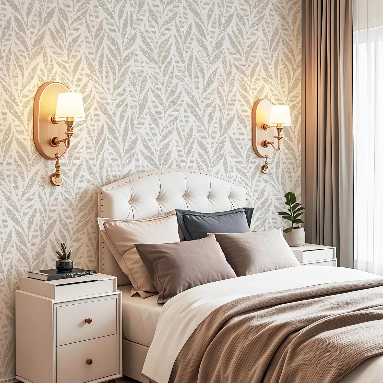Safiyya 787"x17.3" Boho Peel and Stick Wallpaper Beige and White Wallpaper Leaf Self Adhesive Removable Wall Paper for Bathroom Bedroom Contact Paper for Walls Vinyl Roll — photo 3