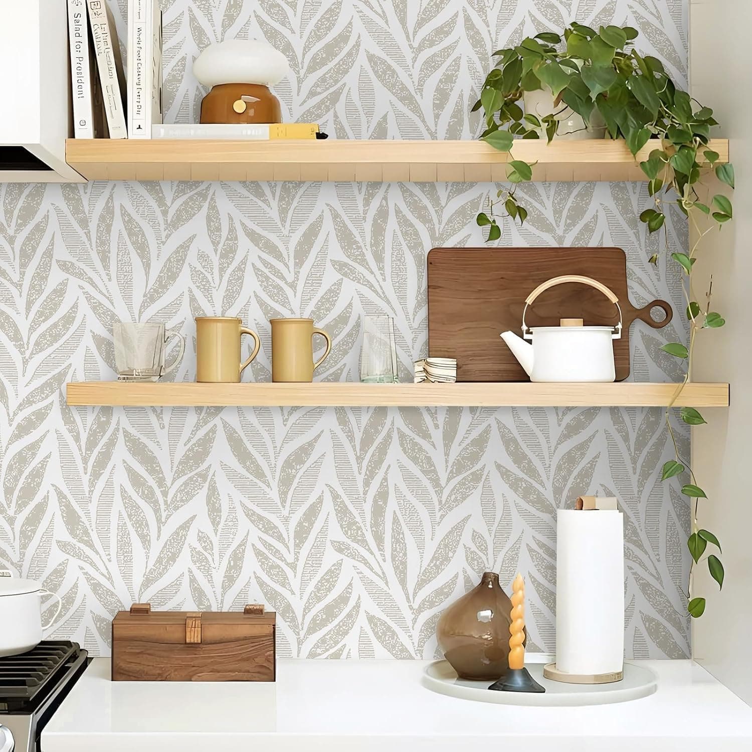 Safiyya 787"x17.3" Boho Peel and Stick Wallpaper Beige and White Wallpaper Leaf Self Adhesive Removable Wall Paper for Bathroom Bedroom Contact Paper for Walls Vinyl Roll — photo 5