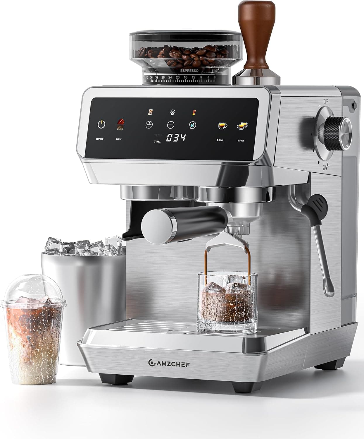AMZCHEF Espresso Machine With Grinder, Temp Control, 44 Grind Settings